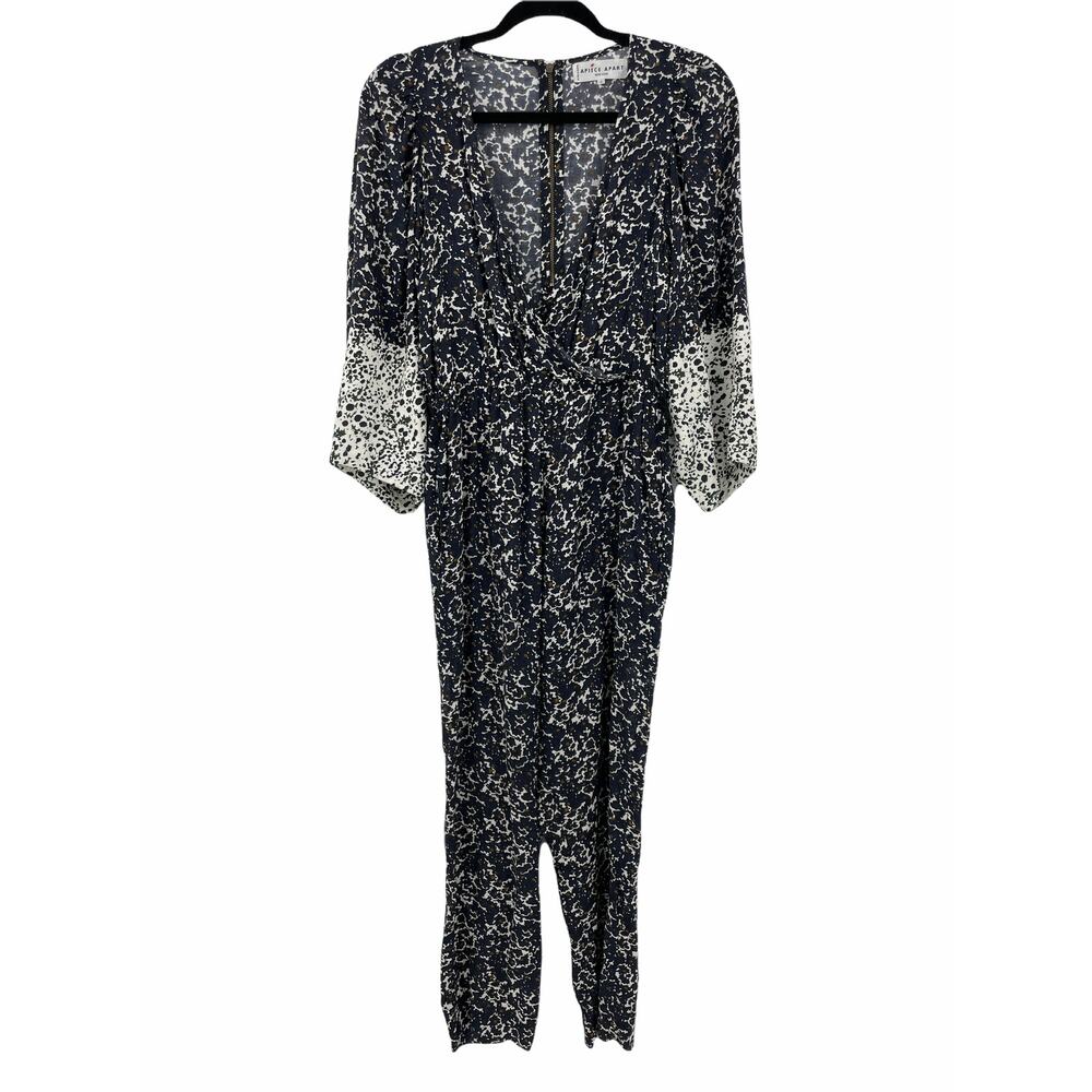 Apiece Apart Jumpsuit Womens 0 Meru Blue White Floral Plunge Neck Puff Sleeve